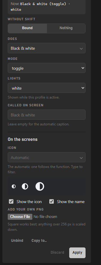 Binding a pad: the action, its argument, the colour and the caption for the screen
