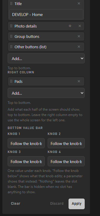 A screen's settings: main content, title, the metadata to list, the corner badges and the four value slots