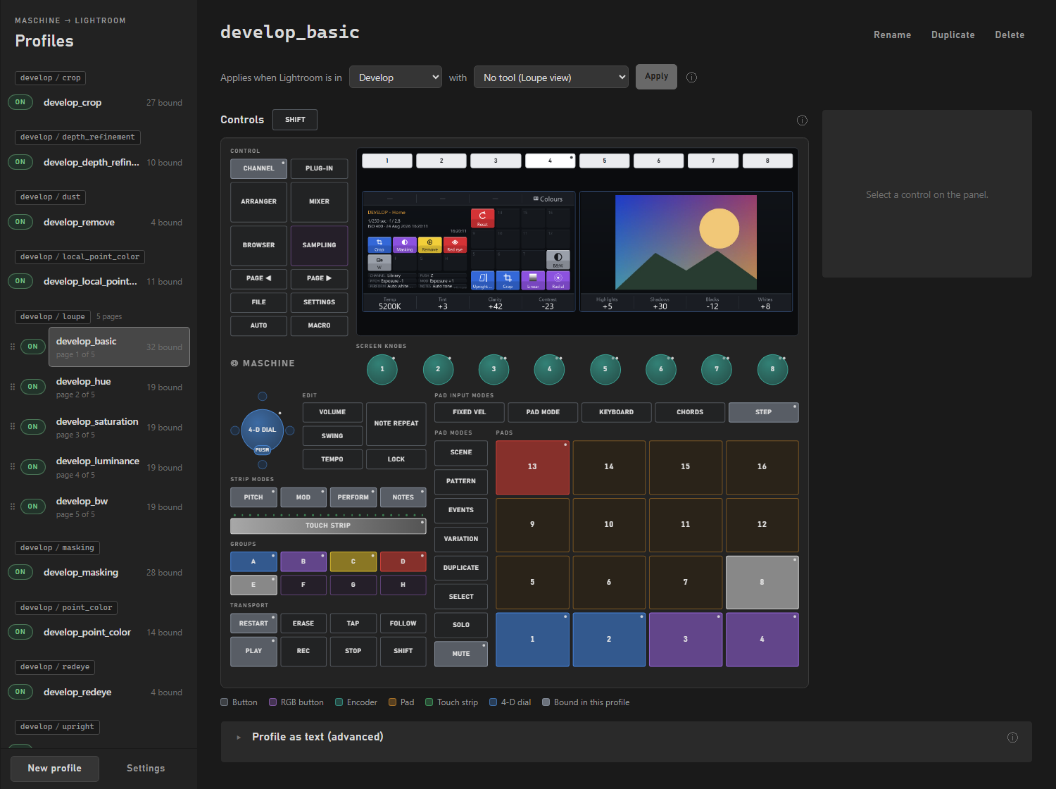 The Maschine2LR profile editor in a browser: a list of profiles on the left, the match condition, and a drawing of the Maschine Mk3 whose screens show a live preview of what the controller will display