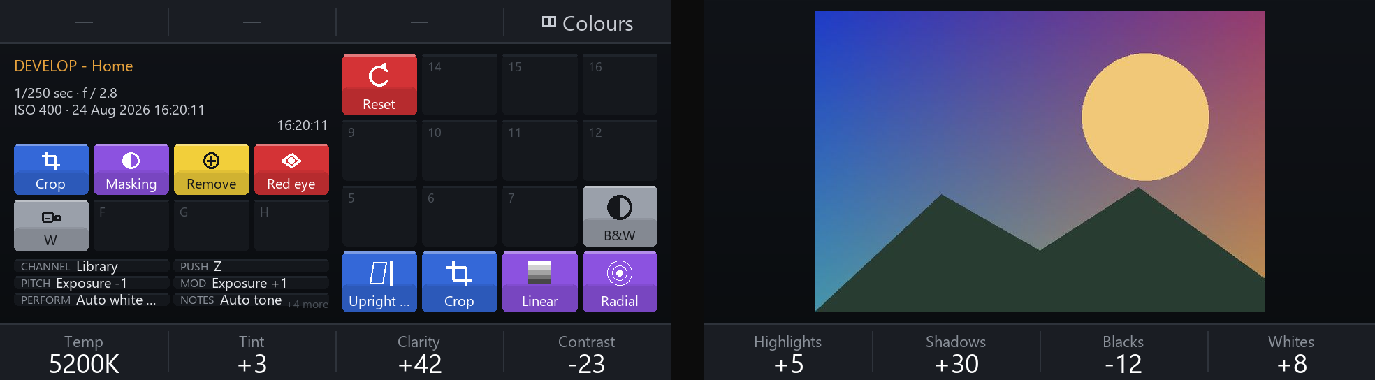 The two screens in Develop: photo details and a map of the pads on the left, the photo on the right, the live values of eight sliders along the bottom