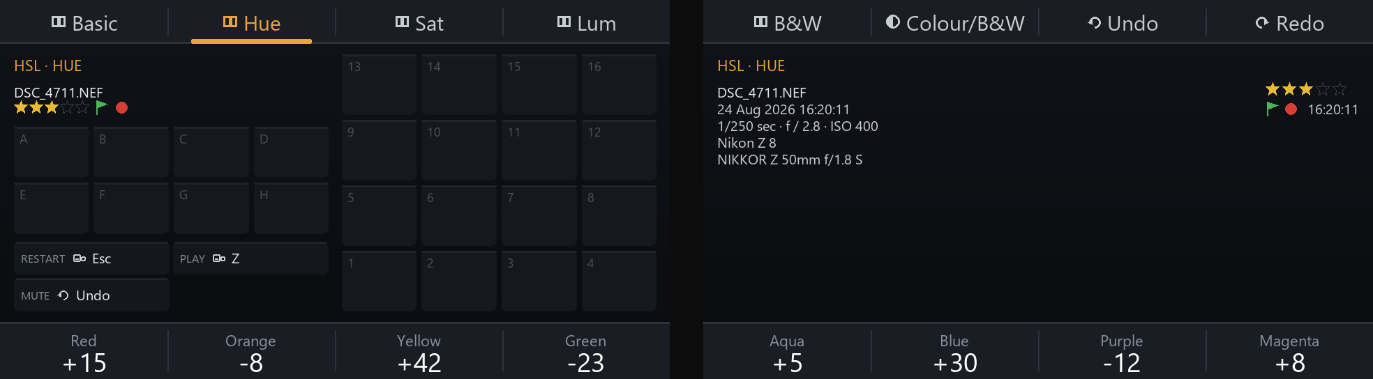 The screens on the Hue page: one knob per colour, Red to Magenta, with the page buttons Basic, Hue, Sat, Lum above the left screen