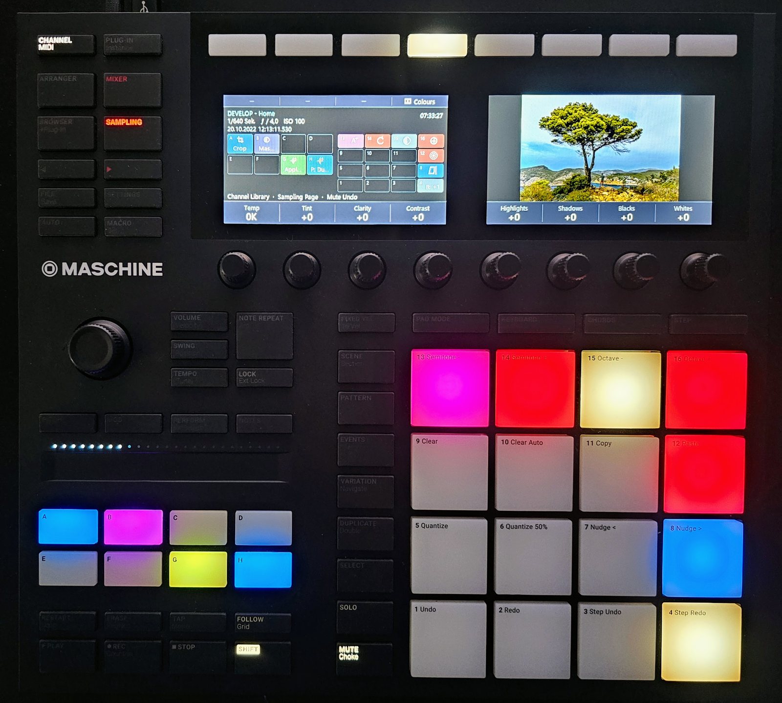 A Maschine Mk3 running Maschine2LR: the left screen lists the photo's details and a map of the pads, the right screen shows the photo, the value bar under the knobs reads Temp, Tint, Clarity, Contrast, Highlights, Shadows, Blacks and Whites, and the pads glow in the colours of their functions