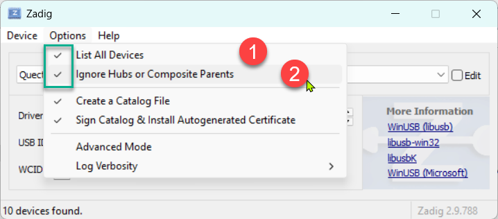 Zadig's Options menu with List All Devices and Ignore Hubs or Composite Parents ticked